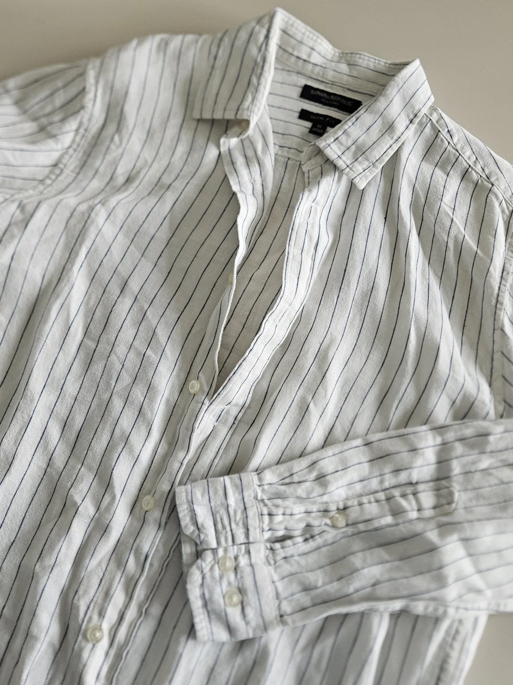 Banana Republic White Linen-Blend Shirt with Navy Pinstripes
